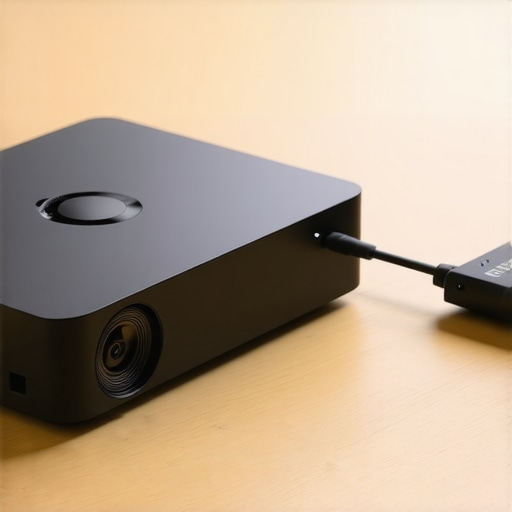 Portable Projector Connected to MacBook Charger Close-up of a portable projector connecting to a MacBook charger via USB-C port.
