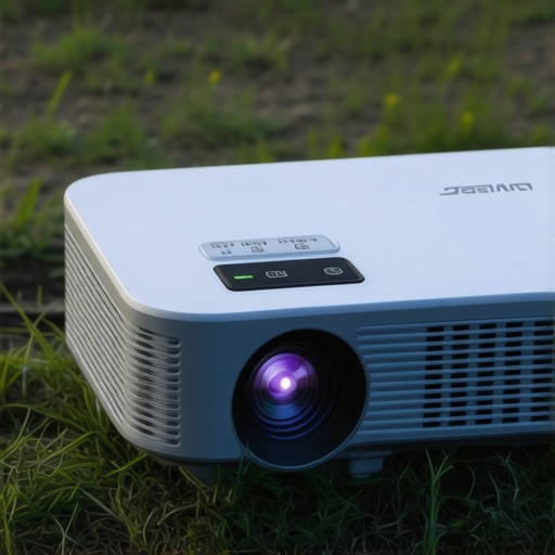 A modern portable projector with a minimalist design and cooling vents in an outdoor setting.
