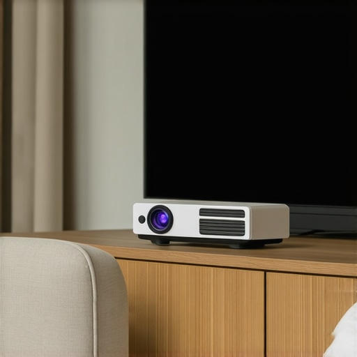 A compact projector displaying images on a screen in a contemporary home environment.
