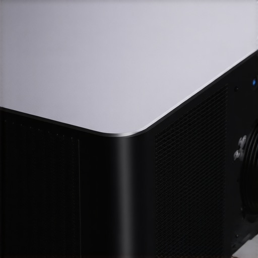 Premium 4K Laser Projector Build Close-up of the metallic body and cooling vents of a high-end 4K laser projector.