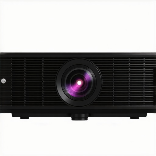 Premium 4K projector build quality Close-up of a sleek 4K projector highlighting its premium build and illuminated lens.