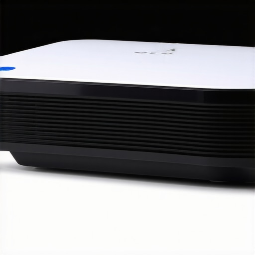 Close-up view of a sleek, modern ultra-short throw projector highlighting its sturdy construction and premium finish