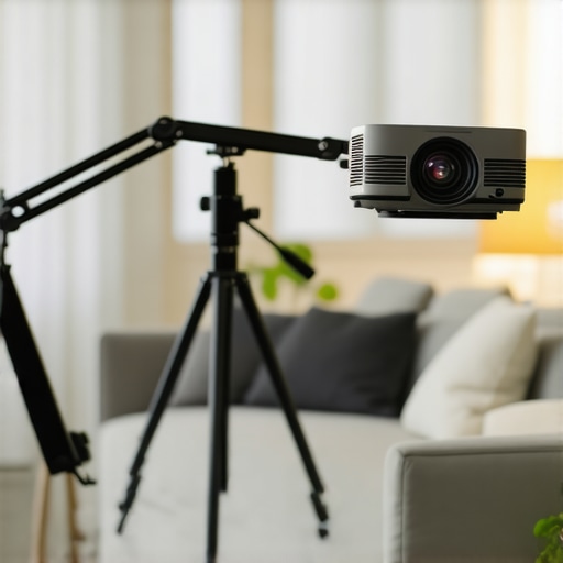 Projector on Tripod Stand for Rental Spaces Portable projector stand with adjustable height and stable base in living room environment.