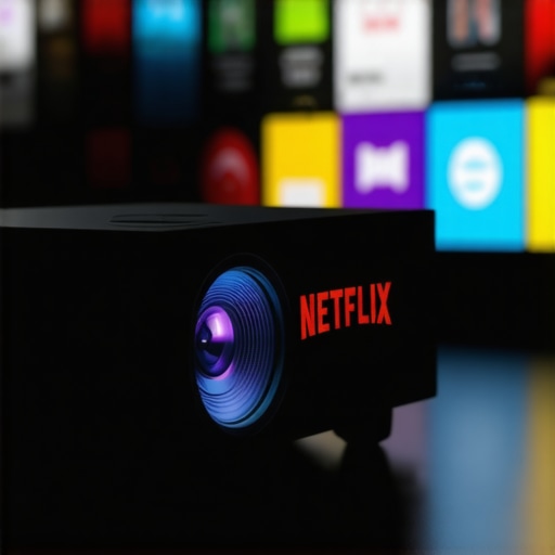 Close-up of a projector screen displaying Netflix app on Android TV interface with home theater setting