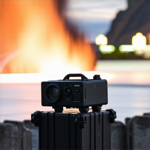 Portable laser projector outdoors with protective casing in rugged environment