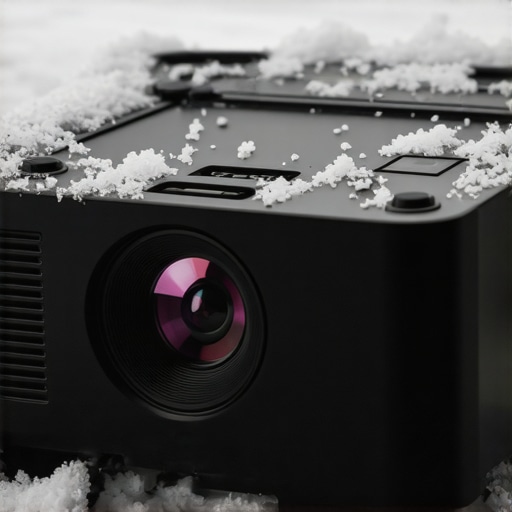 Portable projector with durable casing and tactile controls in winter landscape.