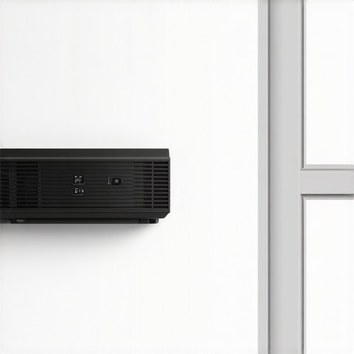Slim UST Projector Build and Setup Close-up of a sleek, modern slim projector mounted close to a wall in a contemporary living space.