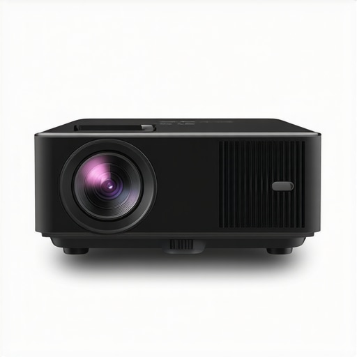 Close-up of a smart projector displaying settings menu on its screen.