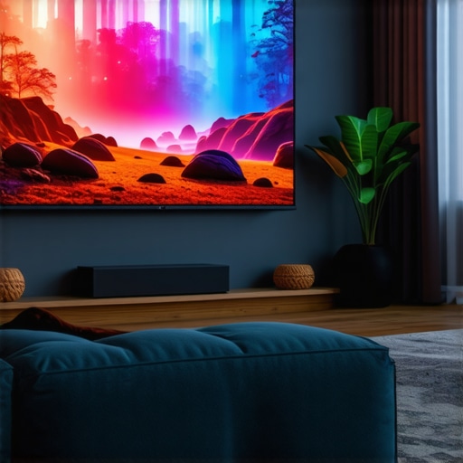 UST Projector in Living Room Living room with a large wall-mounted UST projector displaying a movie scene.