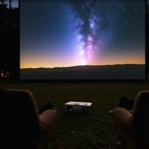 An ultra-short throw projector displaying a bright, clear image on a large outdoor screen during nighttime