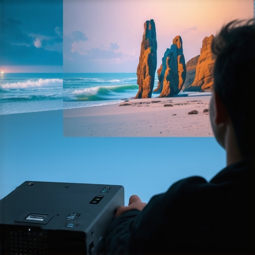 Person adjusting settings on a portable projector projecting bright image onto wall.