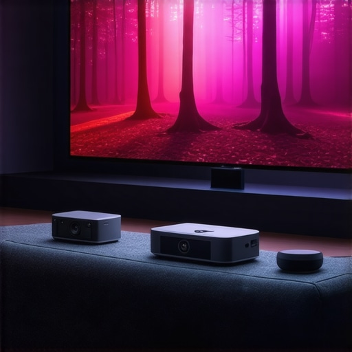 Advanced Home Theater Setup with Laser Projector Home theater with high-end laser projector and surrounding speakers.