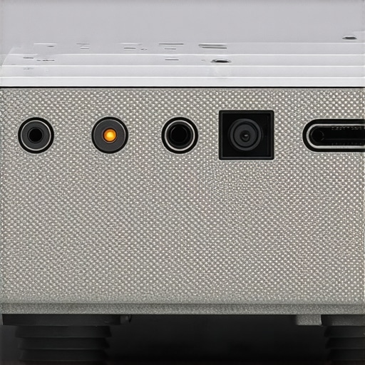 Compact Projector Details Close-up image of a portable projector's input ports and textured design.