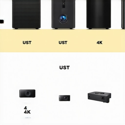 Comparison of Different Projector Types Chart comparing ultra short throw, traditional 4K, laser, and portable projectors including size and features.