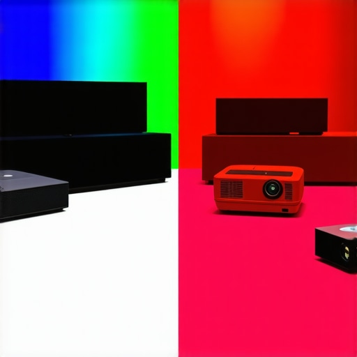 A variety of projectors including 4K, portable, UST, and laser models in a home theater environment.