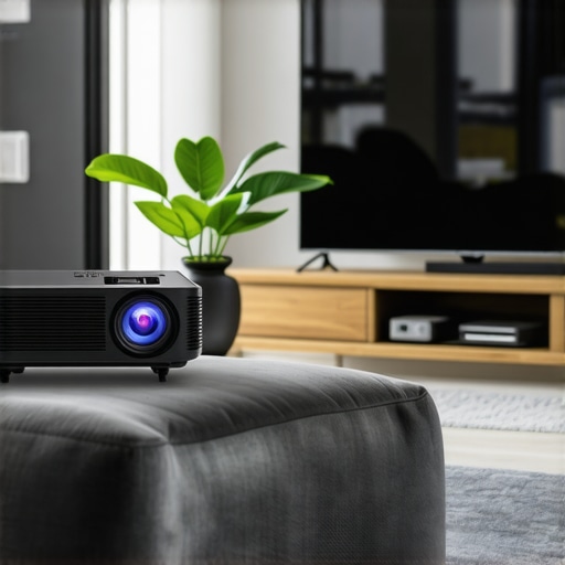 Comparison of Projector and TV Options in a Living Room A side-by-side display of a 4K projector, LED TV, and portable projector in a modern living room
