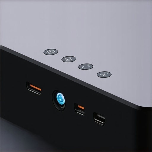 Close-up of projector ports and buttons on a matte surface