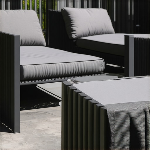 Close-up of rugged outdoor furniture showing high-quality fabric and metal frame.