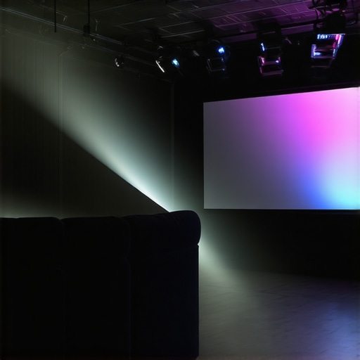 Garage Laser Projector Setup A laser projector displaying a vibrant image onto a white screen in a garage
