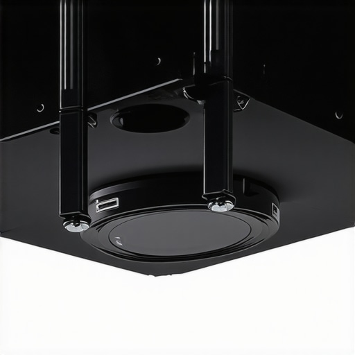 Close-up view of a sturdy steel ceiling mount with locking joints designed for heavy laser projectors.