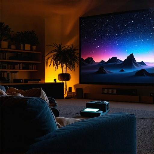 A modern home theater with a mounted 4K projector displaying vivid colors in a dark room