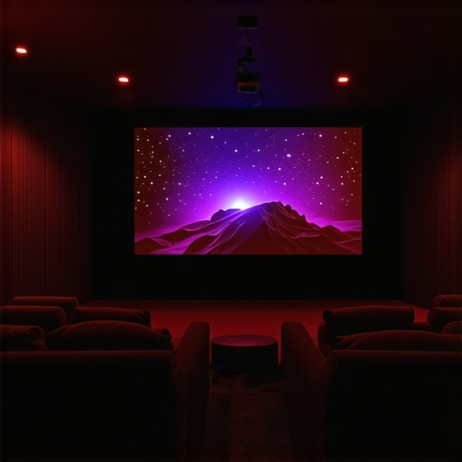 Home Theater Setup with 4K Projector Elegant home theater room showcasing a 4K projector and large screen.