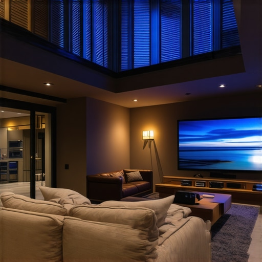 Elegant living room with a large screen projector and surround sound speakers