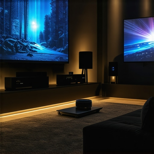High-end home theater with 4K projector and surround sound system in a dimly lit room