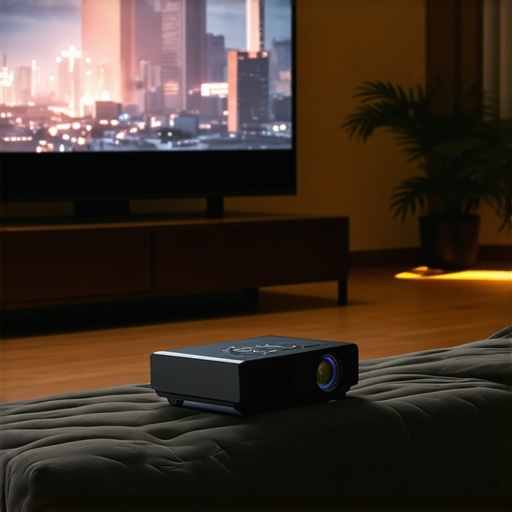 Home Theater Setup with UST Projector and ALR Screen A sleek UST projector mounted close to the wall with a large ALR screen displaying a vibrant image in a bright living room.