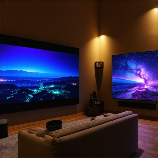 Home theater setup with laser projector and OLED TV Showcasing a laser projector and OLED TV setup in a modern home theater