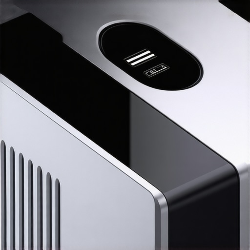 Close-up of a laser projector's casing highlighting ports and ventilation