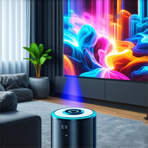 A laser projector projecting a bright, colorful image onto a large screen in a stylish home theater.