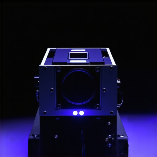 Close-up of a laser projector with visible cooling vents during operation.
