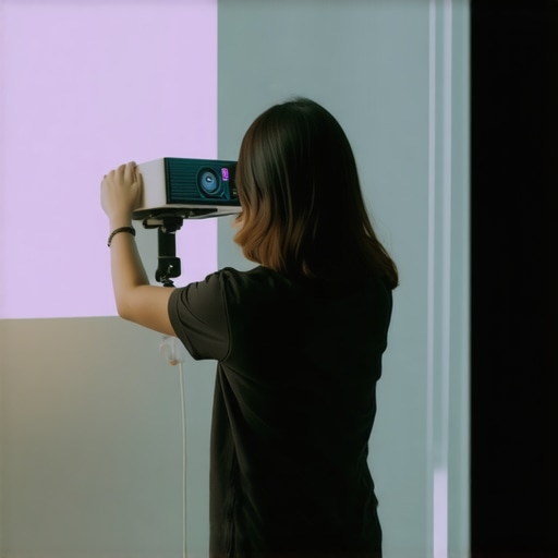 Manual projector alignment setup Person adjusting projector position to correct keystone distortion