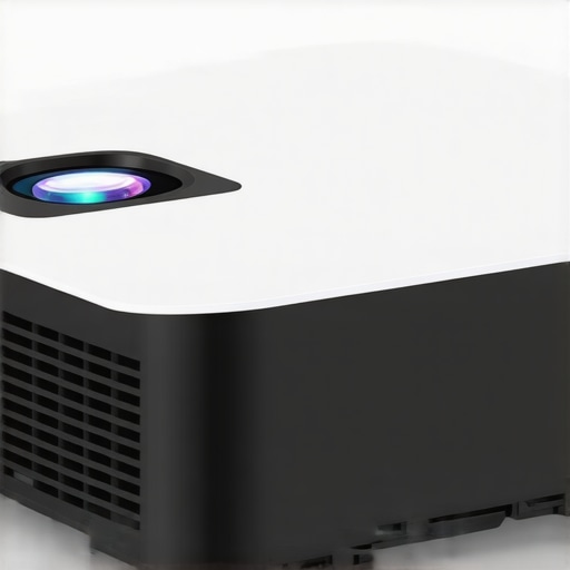 A compact mini projector with rubberized grips and vent details