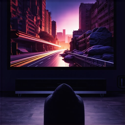 A stylish living room featuring a 4K projector displaying vivid images on a large screen.