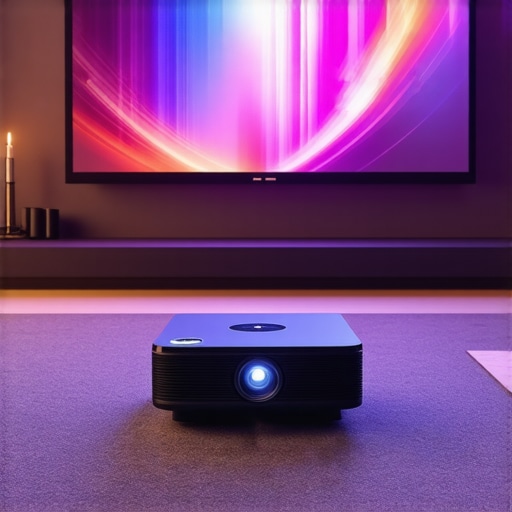 A sleek home theater room featuring a cutting-edge laser projector and a large, vivid display screen.