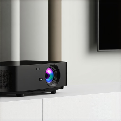 A sleek modern projector with illuminated buttons and minimalist design on an entertainment shelf.
