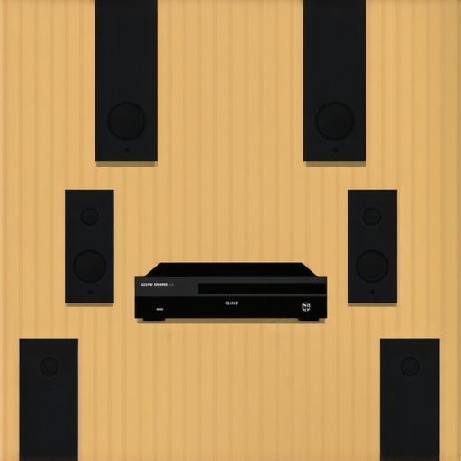 Diagram showing the ideal placement of five speakers and subwoofer around a viewing area for immersive sound.