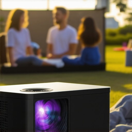 Outdoor Home Theater with Portable 4K Laser Projector Portable 4K laser projector projecting bright image outdoors with family watching.