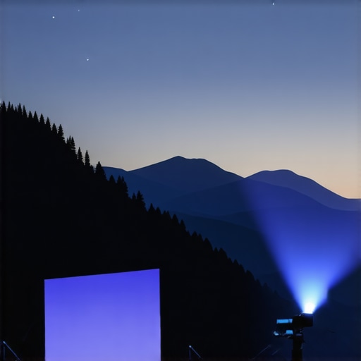 Outdoor Portable Projector in Nature Portable projector projecting a movie outdoors with scenic background.