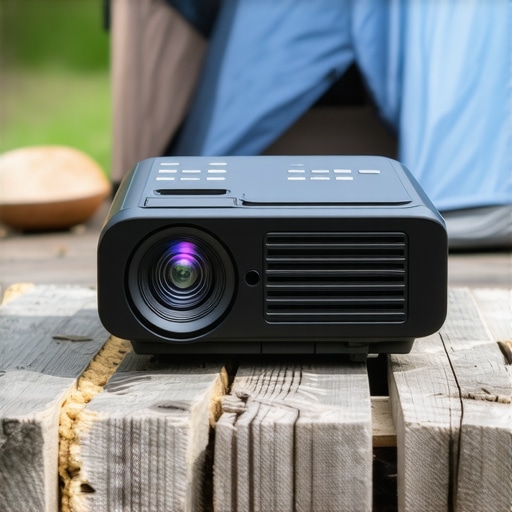 Outdoor Rugged Portable Projector Portable projector with weatherproof features used outdoors in camping setting