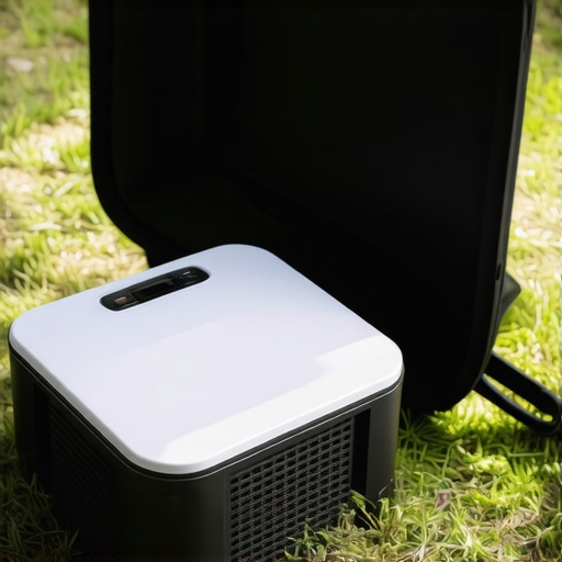 Outdoor Rugged Projector in Use Portable outdoor projector with rugged shell and handle sitting on a camping table