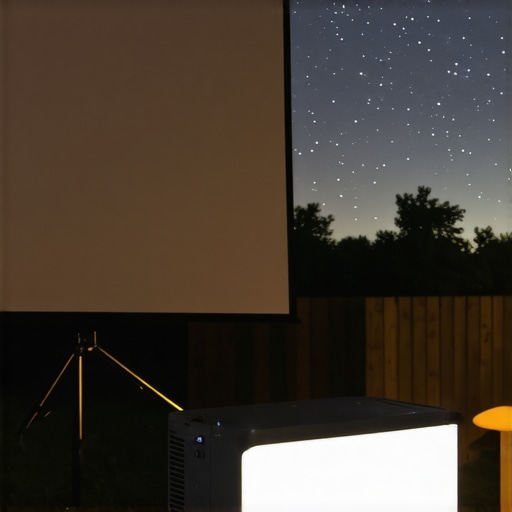 Portable projector being used outdoors at night for movie viewing