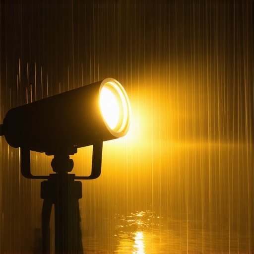Laser projector displaying bright image in rainy outdoor setting.