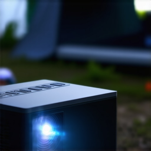Outdoor portable projector in camp setup Portable projector set up outdoors during camping with protective case