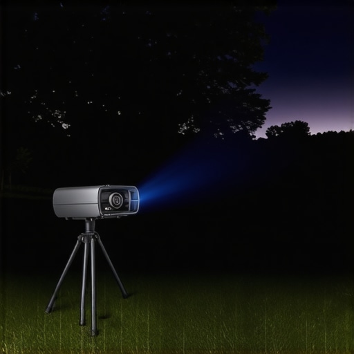 Outdoor projector setup in backyard Projector showing a vivid movie in a backyard setting at dusk