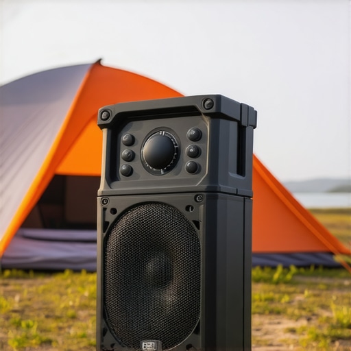 Outdoor rugged speaker A portable outdoor speaker with sturdy build and handle, suitable for outdoor activities.