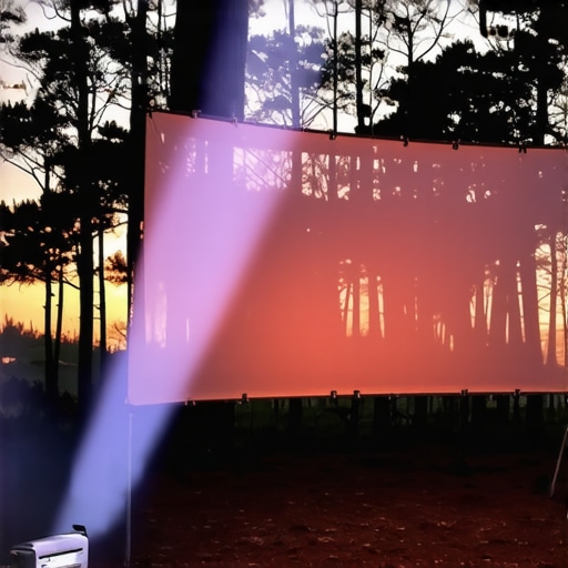 Outdoor setup of portable projector under stress test. Portable projector outdoor sunset scenario.