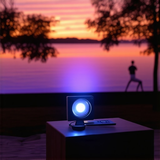 Portable 4K Projector Outdoor Usage Portable 4K projector operating outdoors at sunset, demonstrating durability and brightness during stress testing